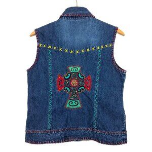 Cattlelac Ranch Denim Vest Sz Large Southwest Embroidered Appliqué Cross Blue